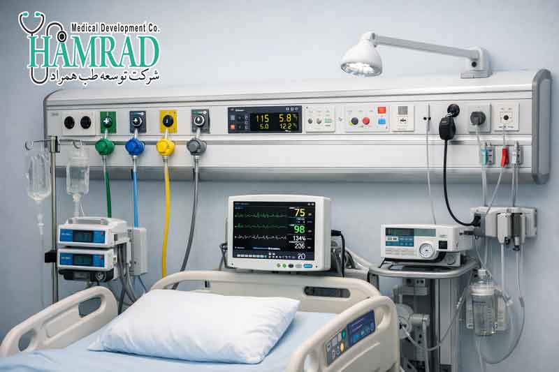 کنسول بالای تخت بیمار ICU با مسیرهای گاز استاندارد